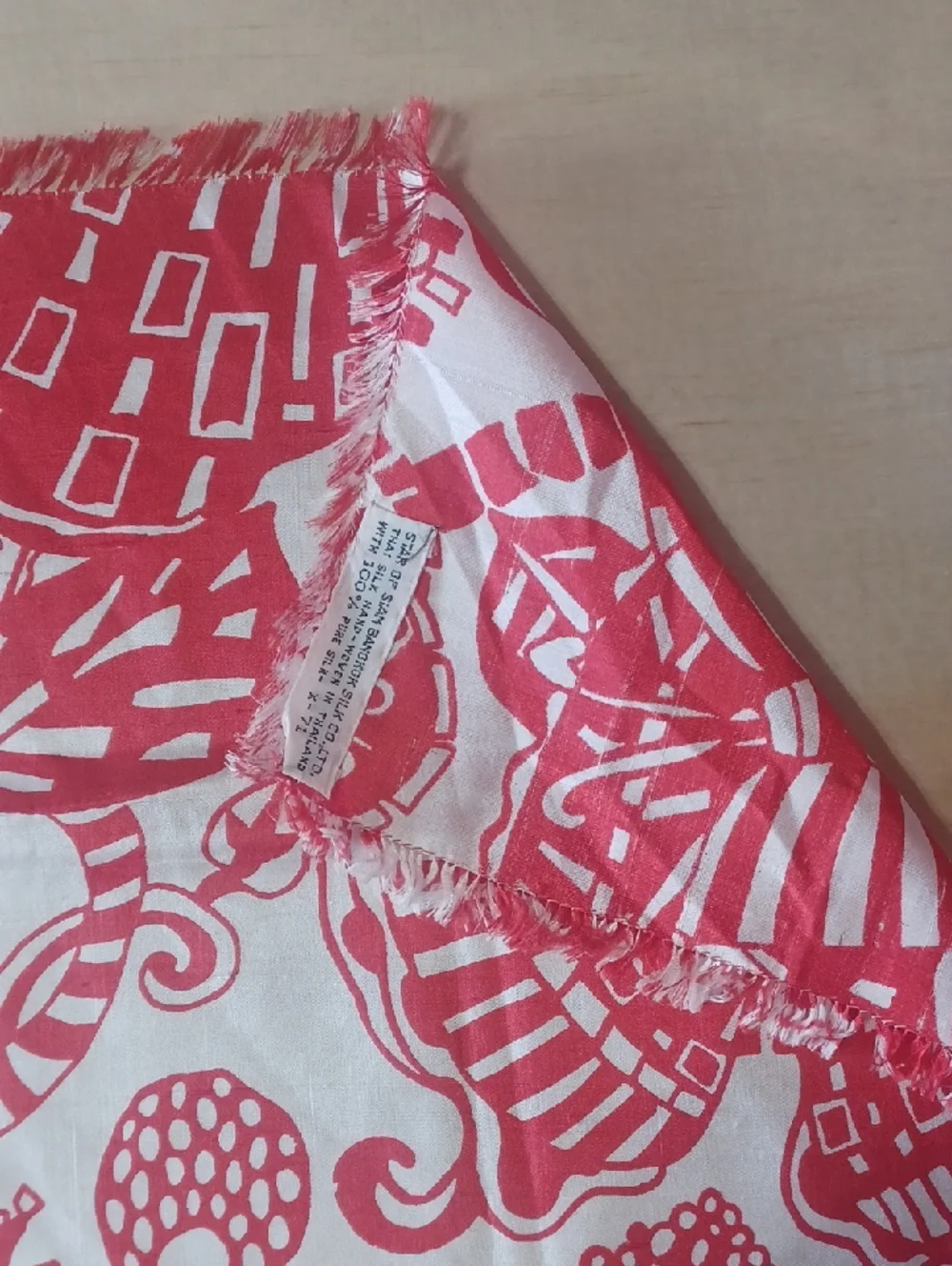 Vintage Thai Silk Scarf Star Of Siam Red White Mod Floral Resort Fringe 24×24